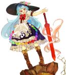  &gt;:d 1girl :d apron blue_hair blue_skirt boots bow bowtie brown_shoes evil_eyes evil_smile floating food frilled_apron frilled_shirt frilled_skirt frills fruit full_body hand_on_hip hat hinanawi_tenshi keystone konabetate leaf long_hair looking_at_viewer open_mouth outstretched_arm peach puffy_short_sleeves puffy_sleeves rainbow_order red_bow red_eyes shirt shoes short_sleeves simple_background skirt smile solo standing sword sword_of_hisou touhou weapon white_background white_shirt 