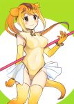  1girl animal_ears bangs bare_shoulders blonde_hair blush bracelet breasts brown_eyes brown_hair circlet closed_mouth covered_navel crotch elbow_gloves extra_ears eyebrows_visible_through_hair eyelashes floating_hair fuji_fujino gloves golden_snub-nosed_monkey_(kemono_friends) gradient_legwear green_background hand_up high_ponytail highleg highleg_leotard holding holding_weapon jewelry kemono_friends leotard long_hair looking_away medium_breasts monkey_ears monkey_tail multicolored multicolored_background multicolored_clothes multicolored_gloves multicolored_hair multicolored_legwear orange_gloves orange_hair orange_legwear pleated_skirt ponytail see-through skirt smile solo staff swept_bangs tail tareme thigh-highs thigh_gap two-tone_background two-tone_legwear weapon white_background white_skirt yellow_gloves yellow_legwear yellow_leotard 