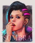  1girl artist_name asymmetrical_hair black_eyes chinese commentary_request eyeshadow hand_on_own_face high_collar highres lips long_hair looking_at_viewer makeup mole mole_under_eye open_mouth overwatch peter_xiao simple_background solo sombra_(overwatch) stretched_earlobes undercut upper_body 