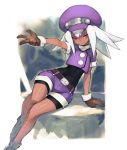  arm_support belt bike_shorts bike_shorts_under_shorts bodysuit brown_eyes crop_top dark_skin gloves hat jiyu2 leaning_to_the_side long_hair midriff outstretched_arm purple_shirt purple_shorts rockman rockman_dash roll_caskett shirt short_shorts shorts shorts_under_shorts sitting smile v white_hair 