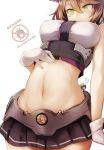  1girl bare_shoulders breasts cowboy_shot crop_top fairy_(kantai_collection) flipped_hair gloves green_eyes hair_between_eyes kantai_collection large_breasts light_brown_hair looking_down midriff miniskirt mutsu_(kantai_collection) navel pleated_skirt skirt utopia white_gloves 