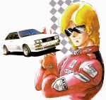  1boy audi car gloves ground_vehicle gundam highres looking_at_viewer motor_vehicle object_namesake oldschool onda_naoyuki quattro_vageena smile sunglasses uniform zeta_gundam 