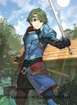  1boy alm_(fire_emblem) armor bangs cape circlet company_connection copyright_name day falchion_(fire_emblem) fire_emblem fire_emblem_cipher fire_emblem_echoes:_mou_hitori_no_eiyuuou gauntlets gloves green_eyes green_hair hidari_(left_side) holding holding_sword holding_weapon looking_at_viewer male_focus official_art outdoors sheath short_hair shoulder_armor shoulder_pads sky smile solo sword weapon 