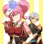  1boy 1girl boey_(fire_emblem) breastplate brown_eyes cape circlet dark_skin electricity fire fire_emblem fire_emblem_echoes:_mou_hitori_no_eiyuuou gloves mae_(fire_emblem) one_eye_closed pink_hair red_eyes takana_(momoti678) twintails upper_body white_hair 