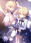  3girls :d ahoge arm_up banner black_necktie black_shirt black_skirt blonde_hair blue_ribbon blue_skirt braid excalibur eyebrows_visible_through_hair fate/apocrypha fate/grand_order fate/stay_night fate_(series) glasses green_eyes hair_between_eyes hair_ribbon highres holding holding_weapon jacket long_hair long_skirt looking_at_viewer multiple_girls necktie open_mouth petals pink_hair red_necktie ribbon ruler_(fate/apocrypha) saber shielder_(fate/grand_order) shinooji shirt skirt sleeveless sleeveless_shirt smile unzipped very_long_hair violet_eyes weapon white_shirt 