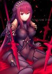  :o arm_support breasts bu_li covered_navel erect_nipples fate/grand_order fate_(series) long_hair looking_at_viewer petals polearm red_eyes scathach_(fate/grand_order) see-through sitting skin_tight spear veil violet_eyes weapon 