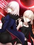  2girls ahoge ass belt black_dress black_jacket black_ribbon black_shirt black_shorts blonde_hair blue_jacket breasts cleavage collarbone cowboy_shot dress eyebrows_visible_through_hair fate/grand_order fate_(series) grin hair_ribbon jacket jeanne_alter long_hair looking_at_viewer looking_back medium_breasts multiple_girls necklce open_clothes open_jacket ribbon ruler_(fate/apocrypha) saber saber_alter shinobu1132 shirt short_dress short_hair short_shorts shorts silver_hair sleeveless sleeveless_shirt small_breasts smile standing yellow_eyes 