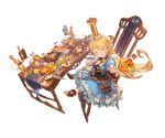  1girl :t ^_^ black_bow black_bowtie blonde_hair blue_dress blush bottle bow bowtie chair charlotta_(granblue_fantasy) cherry closed_eyes crown cup dish dress drink drinking_glass drinking_straw eating egg facing_viewer food from_above from_side fruit full_body glint gold granblue_fantasy hamburger hand_on_own_cheek harbin hat head_tilt long_hair minaba_hideo official_art omurice pasta plate pointy_ears puffy_short_sleeves puffy_sleeves rice shoes short_sleeves shrimp sitting socks solo sparkle spoon table very_long_hair white_legwear 