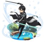  1boy black_eyes black_gloves black_hair black_pants bow dual_wielding fingerless_gloves full_body gloves hair_bow holding holding_sword holding_weapon kirito one_leg_raised open_mouth outstretched_arms pants simple_background solo spaulders sword sword_art_online weapon white_background 