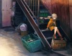  1girl blue_eyes box brown_shoes cardboard_box character_request copyright_request food kareido_(kaleidoscope) monster orange_coat red_eyes shoes short_hair silver_hair sitting sitting_on_stairs solo stairs trash_bag vegetable 