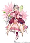  1girl ahoge bangs blush capelet commentary_request dress eyebrows_visible_through_hair floral_background flower flower_knight_girl frilled_dress frills full_body green_eyes grey_hair hair_ornament holding holding_staff long_hair looking_at_viewer necomi_(gussan) official_art pink_dress serruria_(flower_knight_girl) shoes simple_background solo staff watermark white_background 