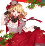  1girl bangs black_gloves blonde_hair blush branch breasts cropped_jacket eyebrows_visible_through_hair fangs gloves hair_ribbon half_gloves hat jacket leaf lifted_by_self long_skirt looking_at_viewer medium_breasts open_clothes open_jacket open_mouth original pointy_ears red_background red_eyes red_ribbon red_skirt ribbon shirako_miso short_sleeves sidelocks skirt skirt_lift smile solo two-tone_background upper_body wavy_hair white_background 