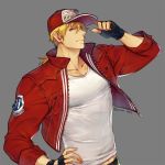  baseball_cap blonde_hair blue_eyes fatal_fury fingerless_gloves gloves grey_background hand_on_hip hat jacket long_hair male_focus open_clothes open_jacket ponytail red_jacket solo tank_top terry_bogard the_king_of_fighters yuri_(anachronic) 