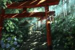  blue_flower day forest nature no_humans original outdoors scenery stairs sunlight torii tree waisshu_(sougyokyuu) 