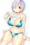  1girl aqua_bikini barefoot bikini blue_bikini blue_eyes breasts cleavage collarbone hair_over_one_eye hairband hamakaze_(kantai_collection) highres holding holding_spoon kantai_collection large_breasts looking_at_viewer navel shaved_ice short_hair silver_hair sitting solo spoon swimsuit tamako_(ei_niku) toes white_background 