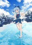  1girl bangs black_shoes blue_bow blue_dress blue_eyes blue_hair blue_sky bow cirno clouds cloudy_sky day dress full_body hand_up highres ice ice_wings lake looking_at_viewer melocoton open_mouth outdoors outstretched_arm puffy_short_sleeves puffy_sleeves reaching_out red_ribbon ribbon shoes short_dress short_hair short_sleeves sky smile snow socks solo touhou walking walking_on_liquid water white_legwear wings winter 