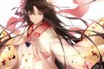  1girl black_hair blue_eyes floating_hair flower fukuda935 hair_between_eyes hair_flower hair_ornament japanese_clothes kara_no_kyoukai kimono long_hair looking_at_viewer petals pink_flower ryougi_shiki simple_background solo upper_body very_long_hair white_background white_kimono 