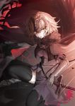  1girl absurdres ahoge armor armored_dress black_dress black_legwear blonde_hair breasts breasts_apart dress fate/grand_order fate_(series) gauntlets highres jeanne_alter looking_at_viewer mochi_chuuyuu one_knee ruler_(fate/apocrypha) short_hair solo sword thigh-highs weapon yellow_eyes 