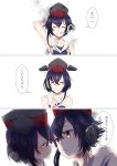  3koma :q arm_behind_head asymmetrical_hair black_hair blush brown_eyes check_translation closed_eyes comic commentary_request framed_breasts hair_between_eyes half-closed_eyes hand_on_another&#039;s_shoulder hat headphones i-13_(kantai_collection) i-14_(kantai_collection) kantai_collection looking_at_viewer multiple_girls sailor_collar school_swimsuit shaded_face short_hair simple_background sisters smile smoke swimsuit tachikoma_(mousou_teikoku) tongue tongue_out translation_request twins upper_body white_background 