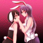  2girls animal_ears bare_arms black_hair blush breasts bunny_tail closed_mouth eye_contact hypnosis inaba_tewi kuroba_rapid large_breasts long_hair looking_at_another mind_control multiple_girls open_clothes open_shirt purple_hair purple_skirt rabbit_ears red_eyes reisen_udongein_inaba shirt short_hair skirt sleeveless sleeveless_shirt smile tail touhou upper_body yuri 