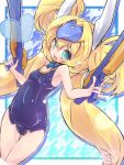  1girl arms_up blazblue blonde_hair blue_eyes covered_navel dual_wielding gun highres long_hair one-piece_swimsuit open_mouth platinum_the_trinity quad_tails school_swimsuit smile solo swimsuit very_long_hair weapon 