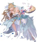  1girl angry blonde_hair blue_eyes bouquet breasts bridal_veil bride charlotte_(fire_emblem_if) dress fire_emblem fire_emblem_heroes fire_emblem_if flower food full_body hair_ribbon high_heels highres large_breasts long_hair looking_at_viewer pikomaro ribbon solo spoon torn_clothes veil wavy_hair weapon wedding_dress 