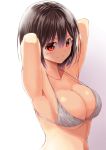  1girl armpits arms_behind_head arms_up attsun_(atsushi_jb) bikini_top black_hair breasts cleavage grey_bikini large_breasts looking_at_viewer original red_eyes short_hair smile solo 