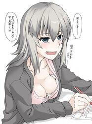  1girl alternate_costume blush bra breasts cleavage collarbone commentary downblouse elf_(stroll_in_the_woods) girls_und_panzer grey_eyes grey_hair hair_between_eyes holding holding_pen looking_at_viewer medium_breasts mika_(girls_und_panzer) pen short_hair solo translation_request underwear white_background white_bra 