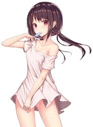  arm_up bare_shoulders blush breasts brown_hair collarbone commentary dress eyebrows_visible_through_hair floating_hair food food_in_mouth gluteal_fold hair_tie highres long_hair looking_at_viewer low_twintails medium_breasts mouth_hold off_shoulder original popsicle red_eyes simple_background standing sundress sweat twintails white_background white_dress yi_(sad55566777) 