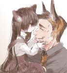  1boy 1girl :p ^_^ age_difference animal_ears black_shirt blush brown_hair brown_necktie brown_skirt cat_ears cat_girl chabi_(amedama) child closed_eyes collared_shirt dog_ears eyebrows facial_hair facial_scar facing_another fingernails from_side hands_on_another&#039;s_face holding jitome light_brown_hair long_hair long_sleeves looking_at_another mole mole_under_eye multicolored_hair necktie nose nostrils open_mouth original profile scar shirt sitting sketch skirt smile stubble suspender_skirt suspenders sweat teeth thick_eyebrows tongue tongue_out turtleneck two-tone_background upper_body very_long_hair white_background white_shirt wing_collar yellow_eyes |d 