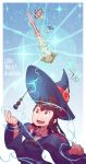  10s 1girl brown_eyes brown_hair hands_up hat highres hood hood_down james_choo kagari_atsuko little_witch_academia long_hair open_mouth ponytail red_eyes robe smile upper_body upper_teeth witch witch_hat 