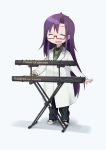  1girl blush converse eyebrows_visible_through_hair glasses goshiki_agiri green_necktie instrument keyboard_(instrument) kill_me_baby labcoat long_hair looking_at_viewer necktie okayparium open_mouth purple_hair shoes smile sneakers solo 