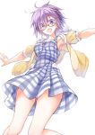  1girl :d absurdres armpits blush bow dress eyebrows_visible_through_hair fate/grand_order fate_(series) glasses hair_bow highres jacket looking_at_viewer narumiya_(empty_cafe) open_mouth outstretched_arms plaid plaid_dress purple_hair shielder_(fate/grand_order) short_hair simple_background sleeveless sleeveless_dress smile solo spiky_hair violet_eyes white_background yellow_jacket 