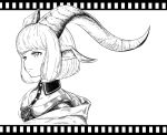  1girl bangs blunt_bangs bob_cut buttons goat goat_ears goat_eyes highres horns jaco long_horns looking_to_the_side monochrome original portrait short_hair solo 