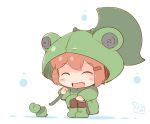  1girl artist_name blush_stickers boots brown_hair chibi closed_eyes commentary_request fang frog frog_hood hair_ornament hairclip hanomido ikazuchi_(kantai_collection) kantai_collection leaf leaf_umbrella open_mouth raincoat rubber_boots short_hair simple_background solo squatting white_background 