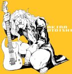  1boy aikawa_taro character_name coat electric_guitar full_body guitar instrument jojo_no_kimyou_na_bouken long_hair male_focus monochrome otoishi_akira profile scar scar_across_eye solo squatting whammy_bar yellow_background 