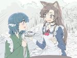  2girls :d animal_ears apron ascot bangs blue_dress blue_eyes blue_hair blush bow brooch brown_eyes brown_hair choker collarbone collared_dress cup dress drink eye_contact eyebrows eyebrows_visible_through_hair eyelashes fangs fingernails frilled_apron frills from_side geppewi green_kimono grey_choker hair_intakes hands_clasped hatching_(texture) head_fins holding holding_tray imaizumi_kagerou japanese_clothes jewelry juliet_sleeves kimono long_hair long_sleeves looking_at_another maid maid_apron mermaid monochrome_background monster_girl multiple_girls open_mouth outdoors own_hands_together profile puffy_sleeves red_ascot red_ribbon ribbon ringlets rock sanpaku shadow sharp_fingernails short_hair sky sleeve_cuffs smile stream sweat swept_bangs table tareme teacup teeth thick_eyebrows touhou tray tree tsurime upper_body upper_teeth waitress wakasagihime water white_apron white_bow wide_sleeves wolf_ears 