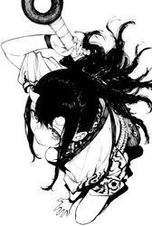  1girl absurdres black_hair clothes club highres holding holding_weapon japanese japanese_clothes kimono looking_up monochrome nishi_yusuke oni oni_horns original ponytail short_kimono sidelocks slit_pupils solo spiked_club squatting weapon white_background wristband 