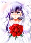  1girl bangs blush bouquet dated eyebrows_visible_through_hair fate/extra fate/extra_ccc fate/grand_order fate_(series) flower hair_between_eyes hair_ribbon hands_up happy_tears holding juliet_sleeves kimura_shuuichi long_hair long_sleeves looking_at_viewer meltlilith nose_blush open_mouth puffy_sleeves purple_hair red_rose ribbon rose smile solo tears twitter_username upper_body white_ribbon 