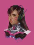  1girl artist_name bodysuit brown_eyes brown_hair closed_eyes commentary d.va_(overwatch) facepaint facial_mark headset light_smile lips long_hair looking_at_viewer miguel_mercado nose overwatch pink_background portrait red_lips simple_background solo whisker_markings 