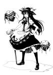  1girl bandaid bandaid_on_face black_legwear fkey food fruit full_body greyscale hat highres hinanawi_tenshi keystone kneehighs long_hair looking_at_viewer monochrome peach puffy_short_sleeves puffy_sleeves rope shimenawa shirt shoes short_sleeves simple_background skirt solo standing sword_of_hisou touhou white_background 