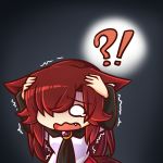  !? 1girl animal_ears brooch brown_hair chibi fang hands_on_own_head imaizumi_kagerou jewelry long_hair long_sleeves solo tears touhou trembling wavy_mouth wide_sleeves wolf_ears wool_(miwol) 
