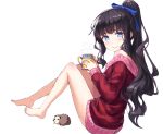  1girl animal bangs bare_legs bare_shoulders barefoot blue_eyes blue_ribbon blunt_bangs blush body_blush closed_mouth coffee_mug eyebrows_visible_through_hair foreshortening full_body hair_ribbon holding knees_up legs long_hair long_sleeves new_game! no_pants off-shoulder_sweater ponytail red_sweater ribbon sitting smile steam sweater takimoto_hifumi tareme tonee very_long_hair wavy_hair 