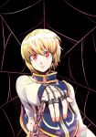  1boy absurdres androgynous blonde_hair chains dia_(yvirus68) earrings highres hunter_x_hunter jewelry kurapika looking_at_viewer male_focus parted_lips red_eyes solo spider_web_background 