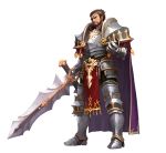  1boy armor beard boots breastplate brown_hair cape eyepatch facial_hair full_body gauntlets holding holding_sword holding_weapon male_focus mingjeung_seo purple_cape shoulder_armor solo standing sword weapon 