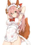  1girl :3 animal_ear_fluff animal_ears apron arm_behind_head arm_garter armpits arms_up blush bow breasts bright_pupils cat_hair_ornament closed_mouth covered_navel covered_nipples cowboy_shot eyebrows_visible_through_hair fang_out fate/extra fate/grand_order fate_(series) fox_ears fox_tail frills gloves hair_between_eyes hair_bow hair_ornament hand_on_own_arm highres large_breasts light_smile long_hair looking_at_viewer maid_headdress naked_apron paw_gloves paws pink_hair red_bow ribbon_trim sideboob silver_(chenwen) simple_background solo standing tail tamamo_(fate)_(all) tamamo_cat_(fate) thighs tsurime white_apron white_background white_pupils yellow_eyes 