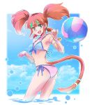  1girl ball beachball bell bikini blue_hair blue_sky bodypaint cat_tail clouds cloudy_sky commentary_request cyan_eyes fang_out highlights iesupa jingle_bell multicolored_hair neon_katt orange_hair paw_pose rwby sky solo swimsuit tail twintails water wet 