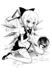  1girl alternate_costume apron bow broken bucket cirno enmaided fkey full_body garter_straps greyscale hair_between_eyes hair_bow highres holding ice ice_wings looking_at_viewer maid mary_janes monochrome mop puffy_short_sleeves puffy_sleeves shoes short_hair short_sleeves simple_background sitting solo thigh-highs touhou wariza water wet wet_clothes white_background wing_collar wings wrist_cuffs 