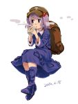  1girl 2014 :o backpack bag blue_dress blue_eyes blue_footwear boots chabi_(amedama) collared_dress cup dated dot_nose dress drink eyebrows_visible_through_hair frills full_body green_hat hair_bobbles hair_ornament hat holding holding_cup hot_drink invisible_chair kawashiro_nitori key lavender_hair legs_together long_sleeves looking_to_the_side medium_hair mug open_mouth pocket rubber_boots simple_background sitting solo tareme touhou two_side_up vapors white_background 