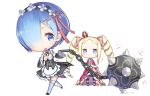  2girls :d apron beatrice_(re:zero) blonde_hair blue_eyes blue_hair bow breasts capelet chains chibi cleavage crown detached_sleeves dress drill_hair flail full_body hair_ornament hair_over_one_eye hair_ribbon holding holding_weapon long_hair maid maid_apron maid_headdress mini_crown morning_star motion_lines multiple_girls open_mouth pantyhose re:zero_kara_hajimeru_isekai_seikatsu rem_(re:zero) ribbon short_hair sidelocks simple_background smile standing striped striped_legwear symbol-shaped_pupils thigh-highs twin_drills twintails weapon white_background white_legwear x_hair_ornament yasuyuki 